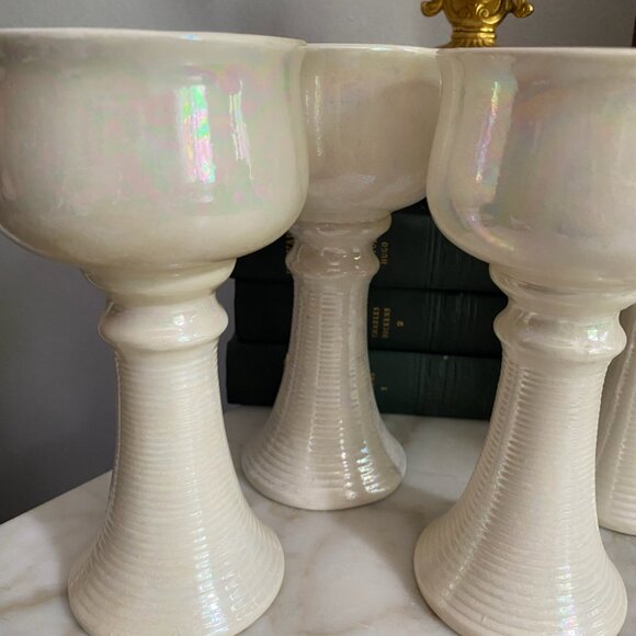4 Vintage Iridescent White Ceramic handmade Wine Glasses Goblets Signed Sylvie - Picture 2 of 4